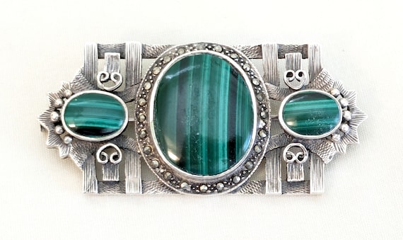 Sterling brooch set with malachite cabochons, mar… - image 1
