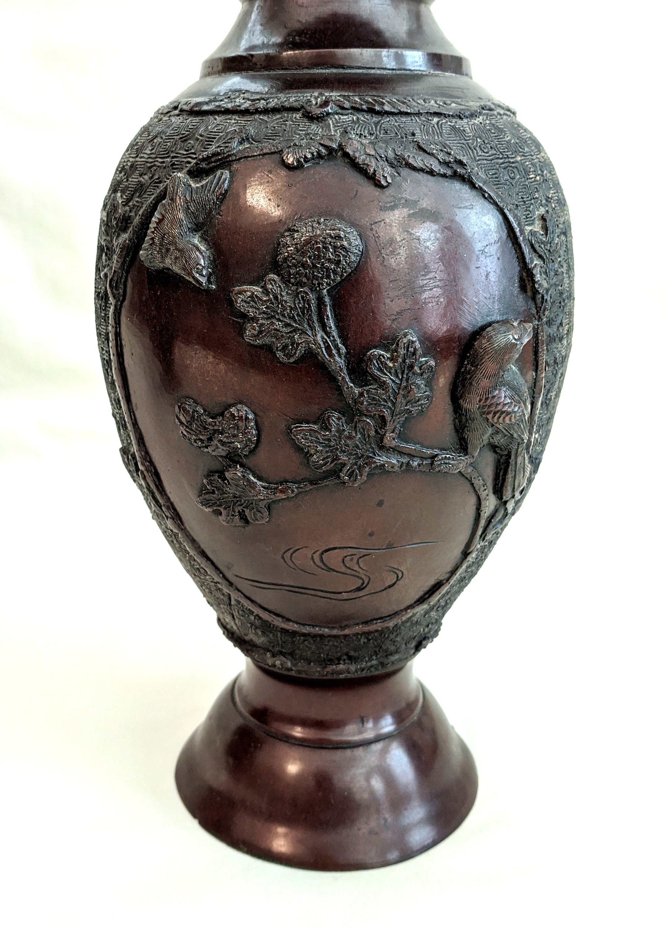 Japanese Patinated Bronze Vases: Elephant Handles, Dragons, Birds