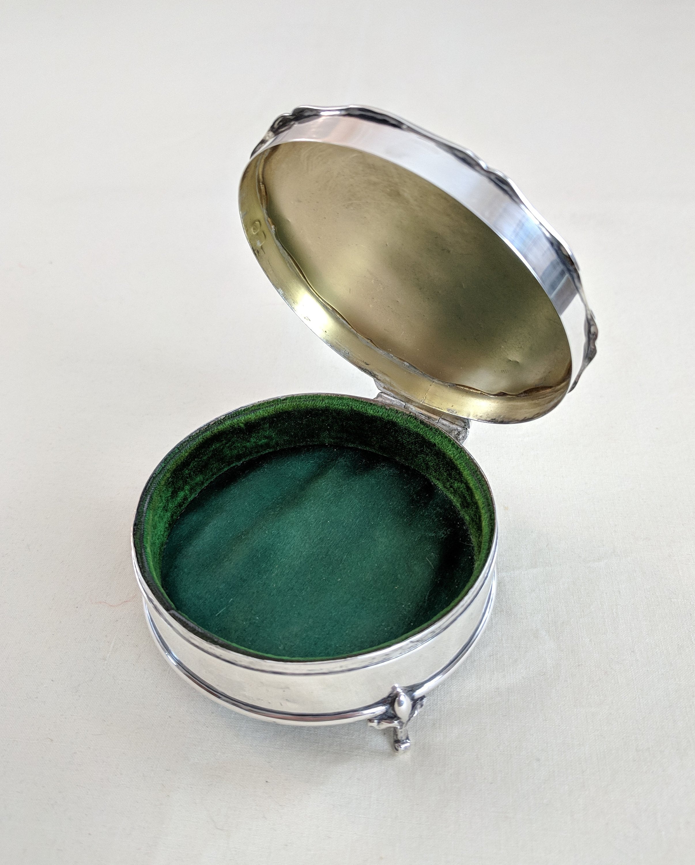 English Sterling Hinged Trinket Box, Green Silk & Velvet