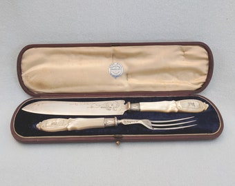 Victorian Sterling Silver Fish Serving Set: Carved Pearl Handles, Cased, 1854