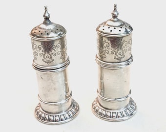 Sterling hand chased Rogers, Lunt & Bowlen salt and pepper shakers, 103.8 grams