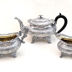 3 piece French 1st standard (.950) silver tea set, Francois Julien Doyen of Paris; tea pot, sugar or waste, creamer; 50.3 Troy ounces
