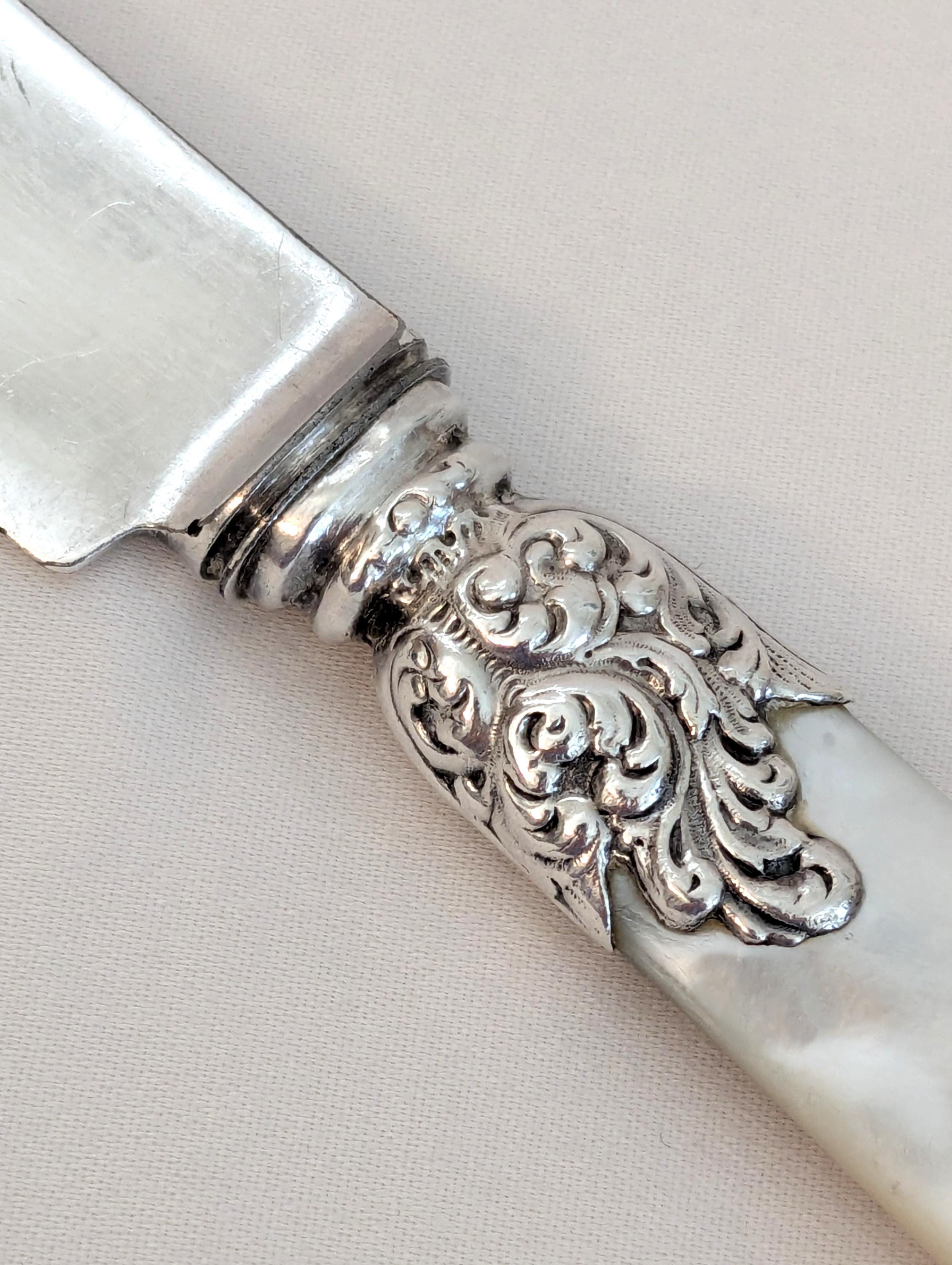 Pearl Handle Dinner Knives: Sterling Collars, Silver Plate Blades