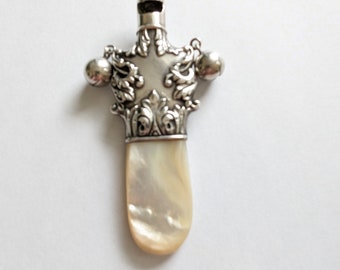 Antique Sterling Silver Mother-of-pearl Rattle Whistle: 19th