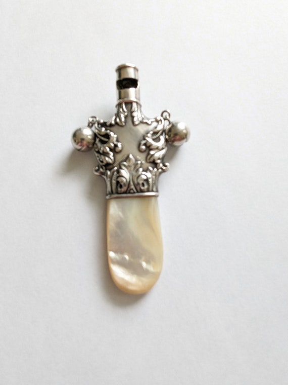 Antique Sterling Silver Mother-of-pearl Rattle Whistle: 19th