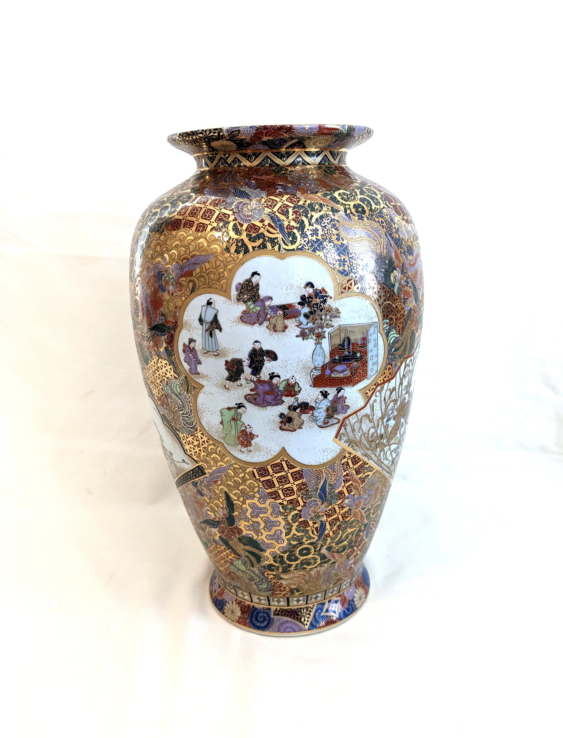 Japanese Satsuma 12 1/2 Hand Painted Vase With Raised Samurai and Geisha 