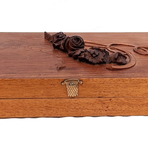 Handmade Carved Floral Wood Box: Green Velveteen Lined