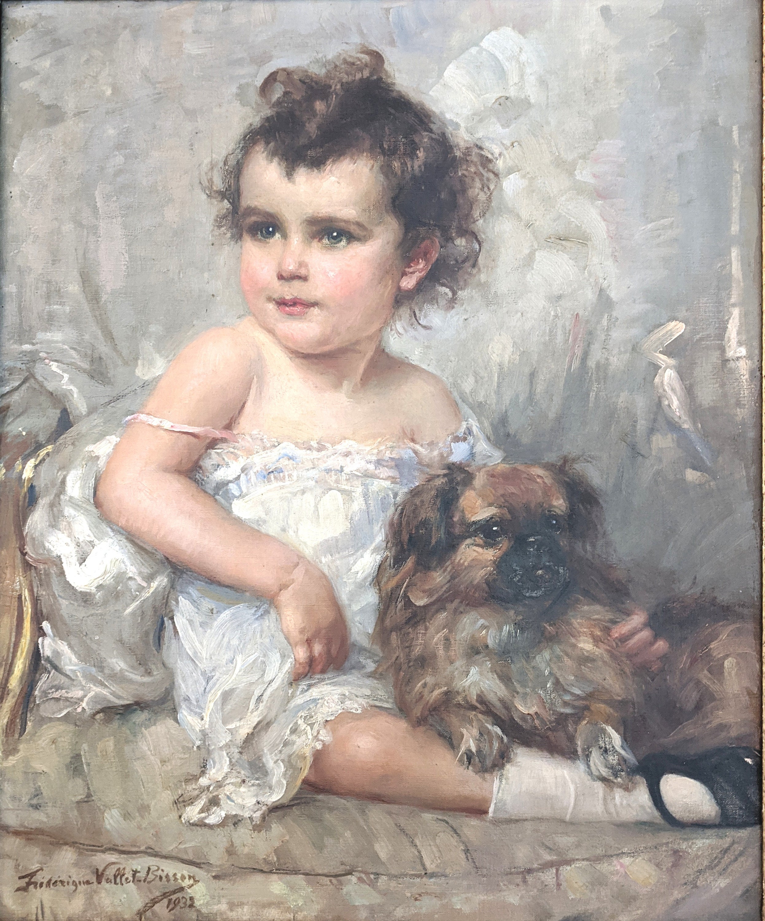 フレデリック・ヴァレット・ビソン作 油彩画「少女と犬」 1932年 署名