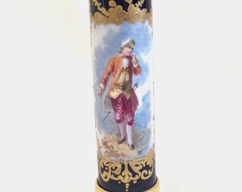 French, Sevres style hand painted, tri-footed porcelain bud vase, gilt metal base and lip, 18th century gentleman, signed 'Delys'; 5 3/8 H