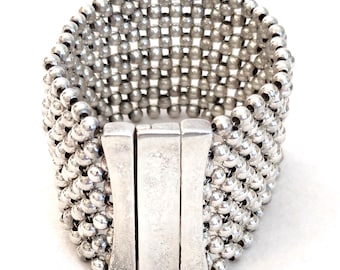Italian crafted HW Burdick sterling beaded mesh bracelet, 7 1/2 L x 1 1/2 W inches, 60.56 grams