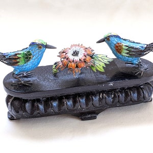 Chinese export silver enamel birds with flower on carved wood base; 2 1/2 H x 6 1/8 W x 1 5/8 D inches