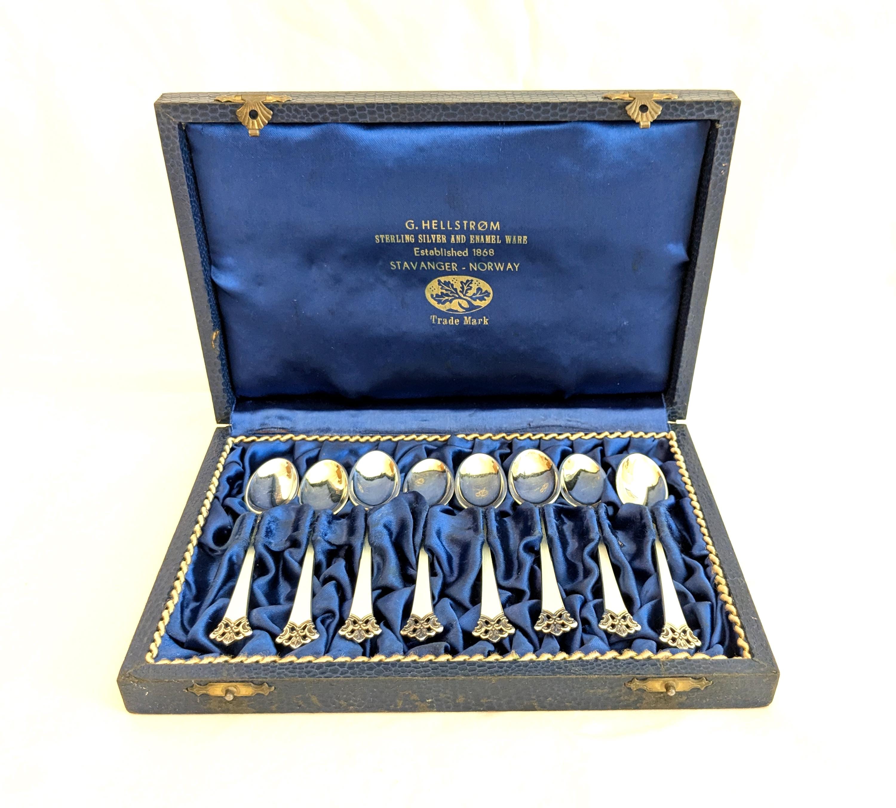 Norwegian Sterling Silver Enamel Demitasse Spoons: Crown Finials