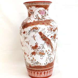 Japanese Kutani Porcelain Vase: Hand Enameled Birds & Flowers