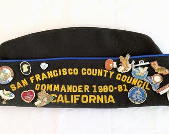 Gorra de comandante de la VFW vintage de los años 80: Veterano de guerras extranjeras de San Francisco, pines del norte de California