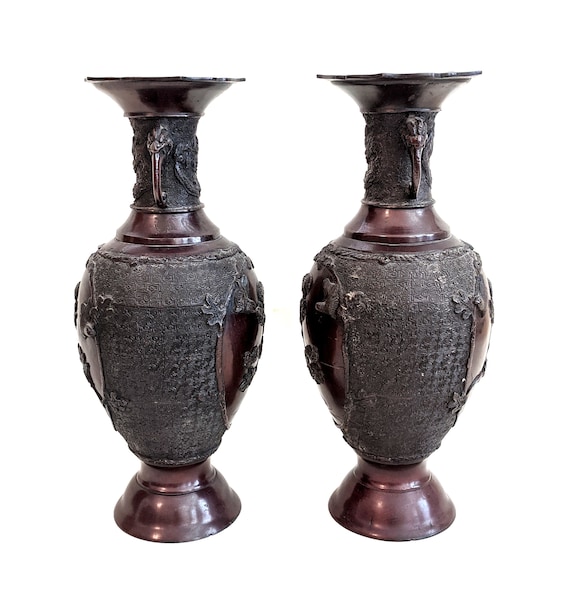 Japanese Patinated Bronze Vases: Elephant Handles, Dragons, Birds