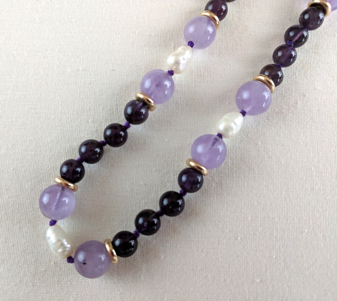 Collana Di Perle Barocche Di Ametista: Dettagli In Oro 14k, Filo Annodato Da 38 Pollici - Italia - Foto 5