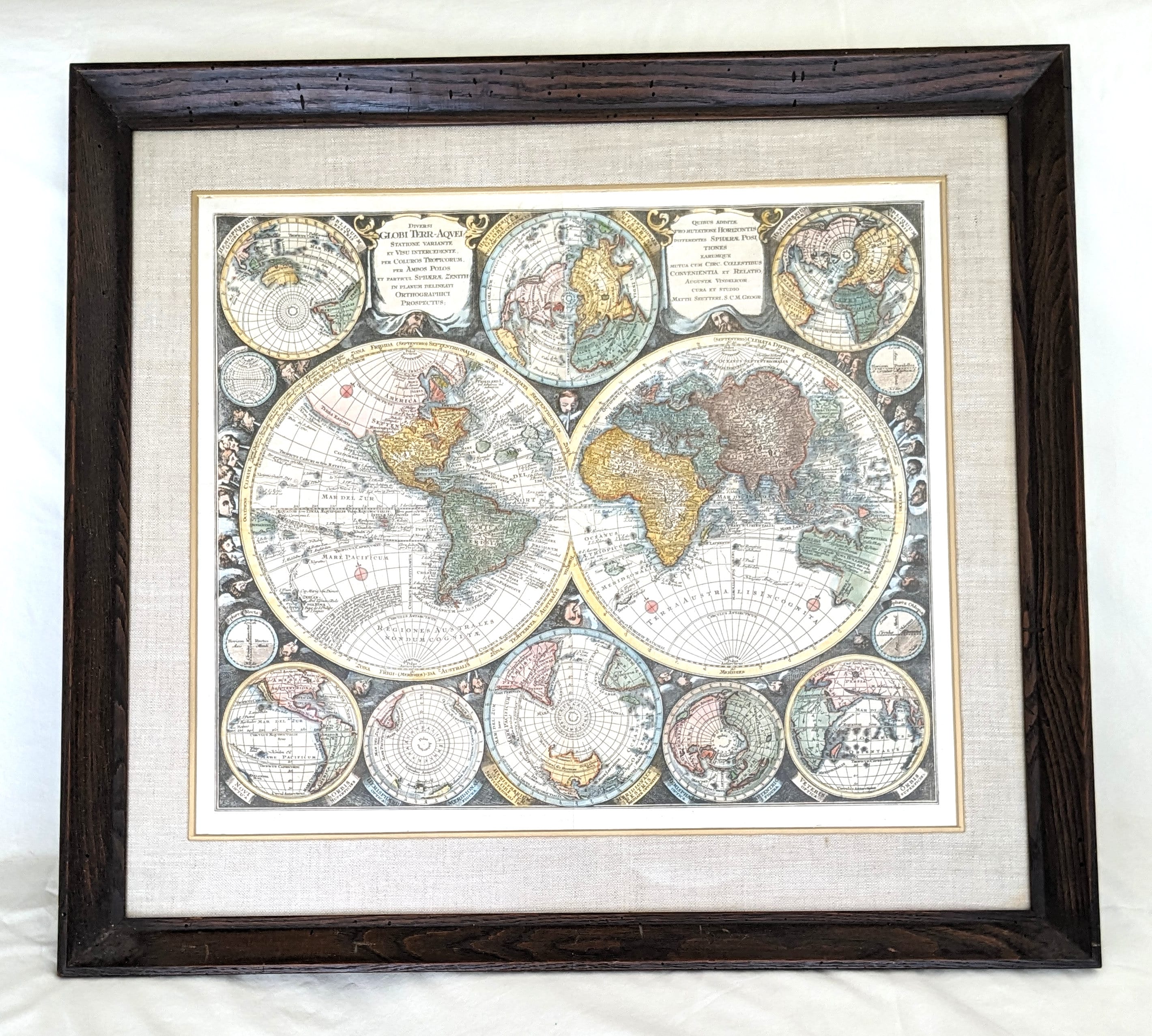 Framed 1730s World Map: Hand-colored Copper Engraving by Matthias