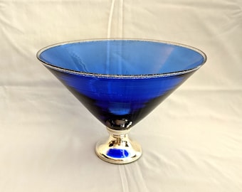 Large handcrafted Umbria, Italy blue glass & hammered sterling martini shaped, glass bowl; 7 1/4 x 10 3/8 inches