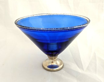 Medium size handcrafted Italian blue glass & hammered sterling martini shaped glass bowl; from Umbria, 5 7/8 x 8 inches