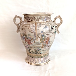 Japanese Satsuma Urn: Polychrome Enameled Pottery with Traditional Scenes (Repaired Handle, No Lid)