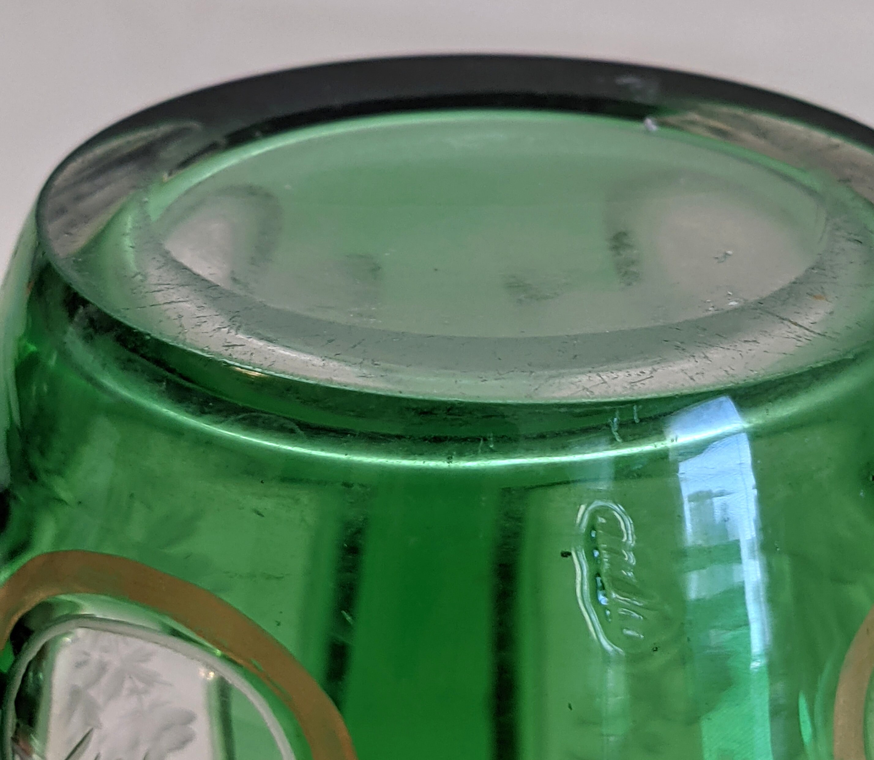 Moser Style Hand Made, Etched Cased Glass Vase; Gilt Trim, 6 1/4
