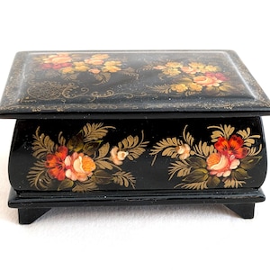 Russian Lacquer Box, Floral Motif: Original Receipt, Legs, Hinged Lid