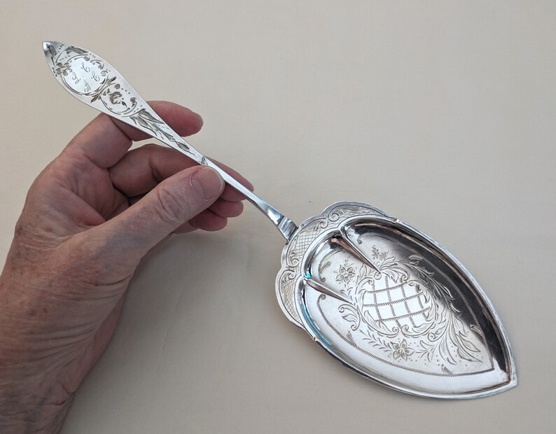 Odergaard Norwegian .830 silver pastry server; G.E monograms; 10 inches long