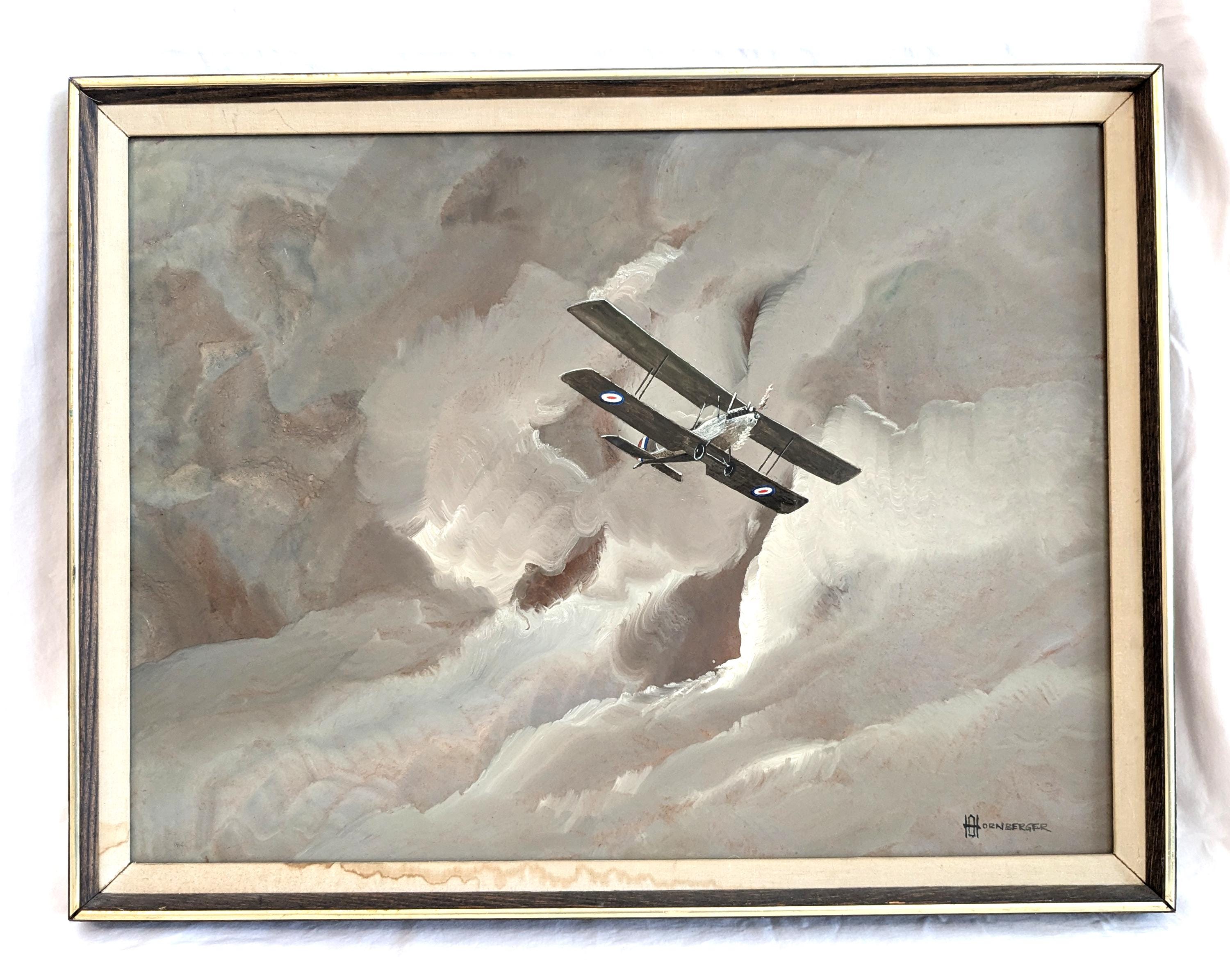 ドン・ホーンバーガー「夜間飛行」絵画：イギリス空軍複葉機の絵画