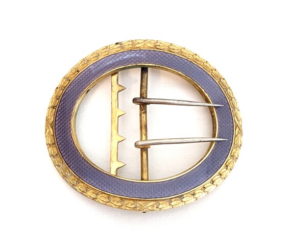 Antique Gilt Brass Lavender Guilloche Enamel Belt Buckle  display picture 2