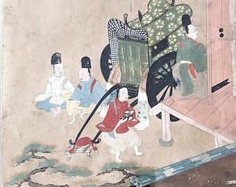 Japanese Tosa School Watercolor Painting: Genji Monogatari Scene