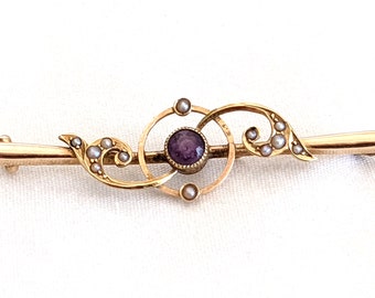 English 15k gold bar brooch, .30 carat amethyst and 12 seed pearls; 2 inches long, 2 grams; original case