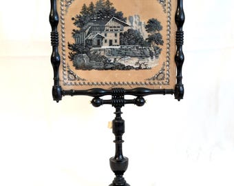 Ebonized Wood Fire Face Screen: Beaded Home at Lake Motif, Adjustable Height