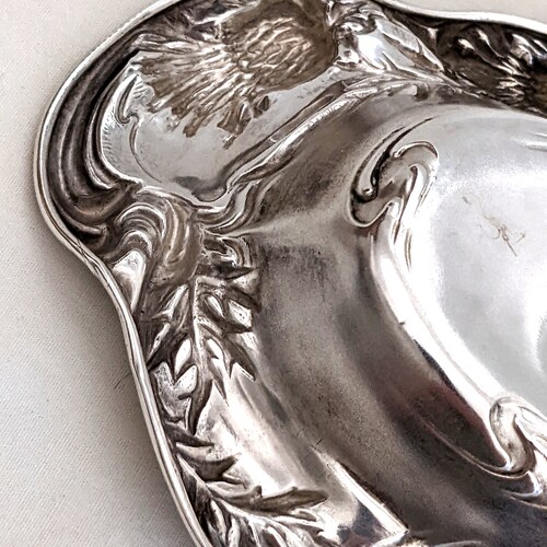 Art Nouveau small sterling bowl, thistle shops and leaf motif, 