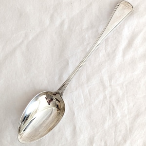 May include: A silver spoon with a long handle and an oval bowl. The spoon has a reflective surface and is set against a white background. The spoon is likely vintage or antique.