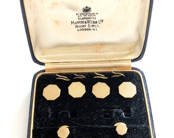 Mappin & Webb of London boxed set of 9kt gold Tuxedo dress studs, 4 shirt, 2 cuffs; 8 total grams in gold
