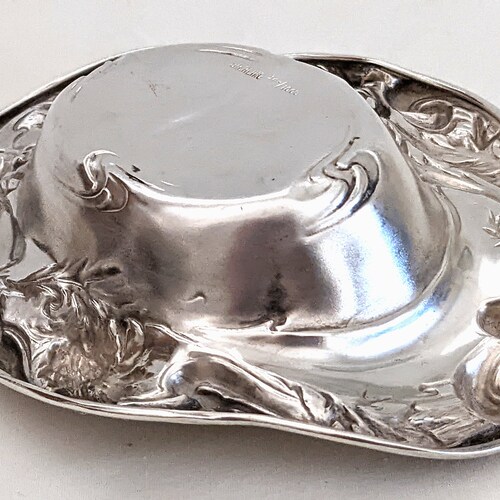Art Nouveau small sterling bowl, thistle shops and leaf motif, 