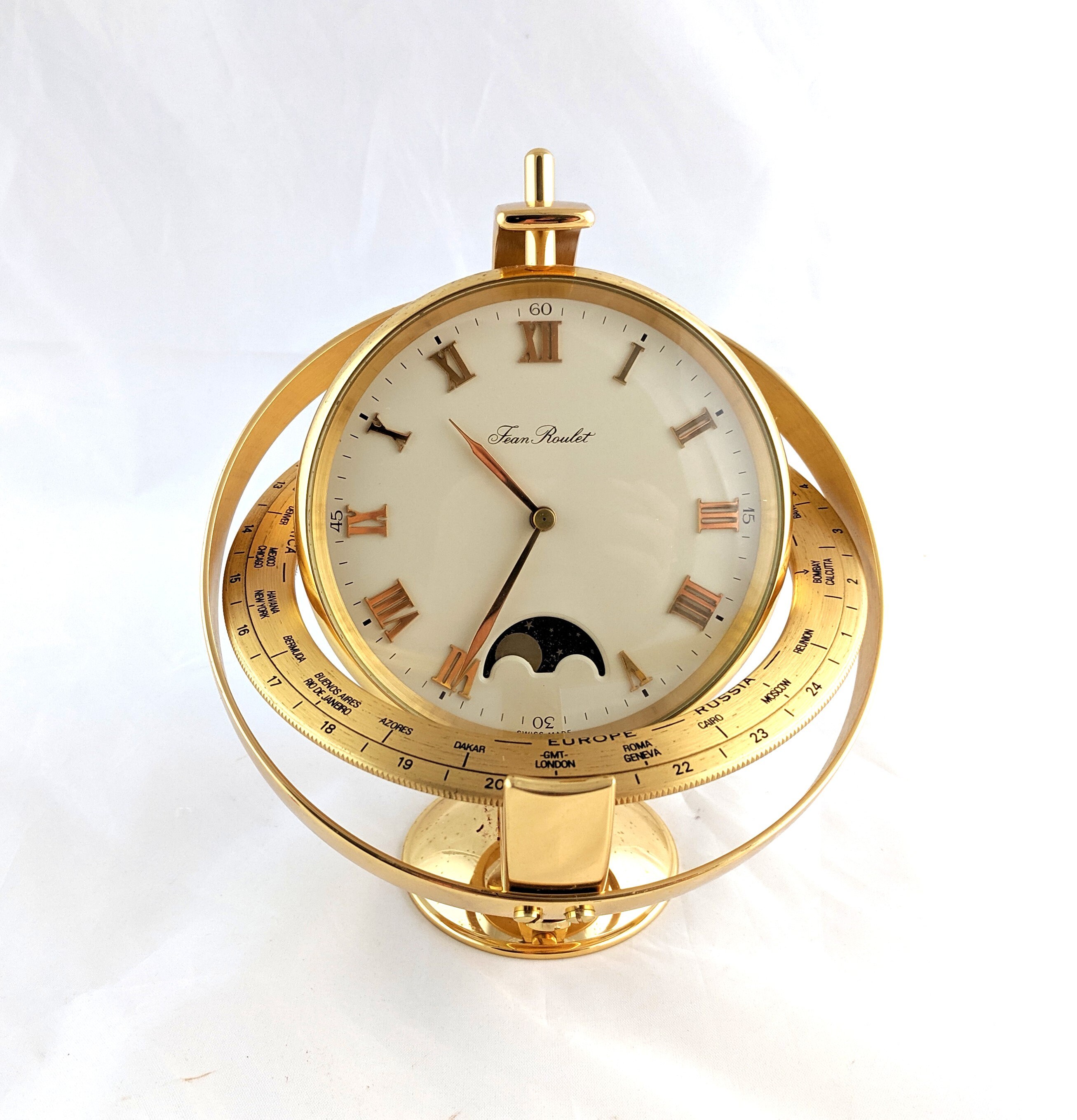 Jean Roulet Brass & Quartz Swiss Made Clock, Fitted Presentation
