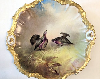 Set of 12 Limoges porcelain, hand painted decorative plates, Wild Birds, 9 1/2 inch diameter; Lazeyras Rosenfel Lehman decorating house