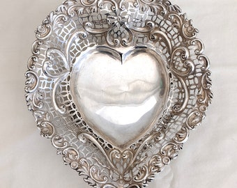 Antique Sterling Silver Heart Basket Bowl: Pierced Pedestal, 1894 London