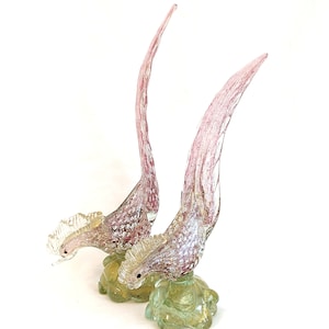 Fratelli Toso Murano Glass Birds: Pink & Green Bullicante, Silver Gold Inclusions (Broken Beak)