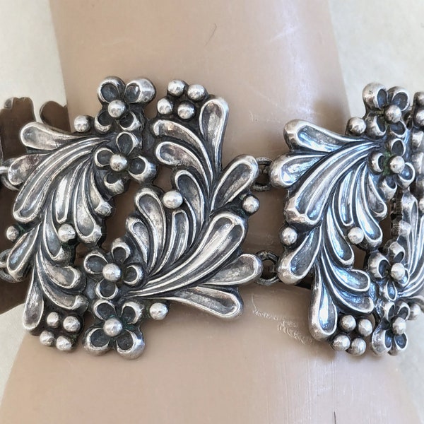 Margot de Taxco, Mexican sterling link bracelet, stylized floral motif, 6 1/2 inches L x 1 5/8 W, 82.2 grams