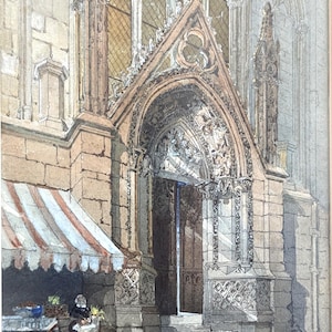 May include: Watercolor painting of Notre Dame Cathedral in Paris, France. The artwork depicts the entrance with ornate carvings, arched doorways, and a striped awning. A person is seated near a cart with baskets and flowers.