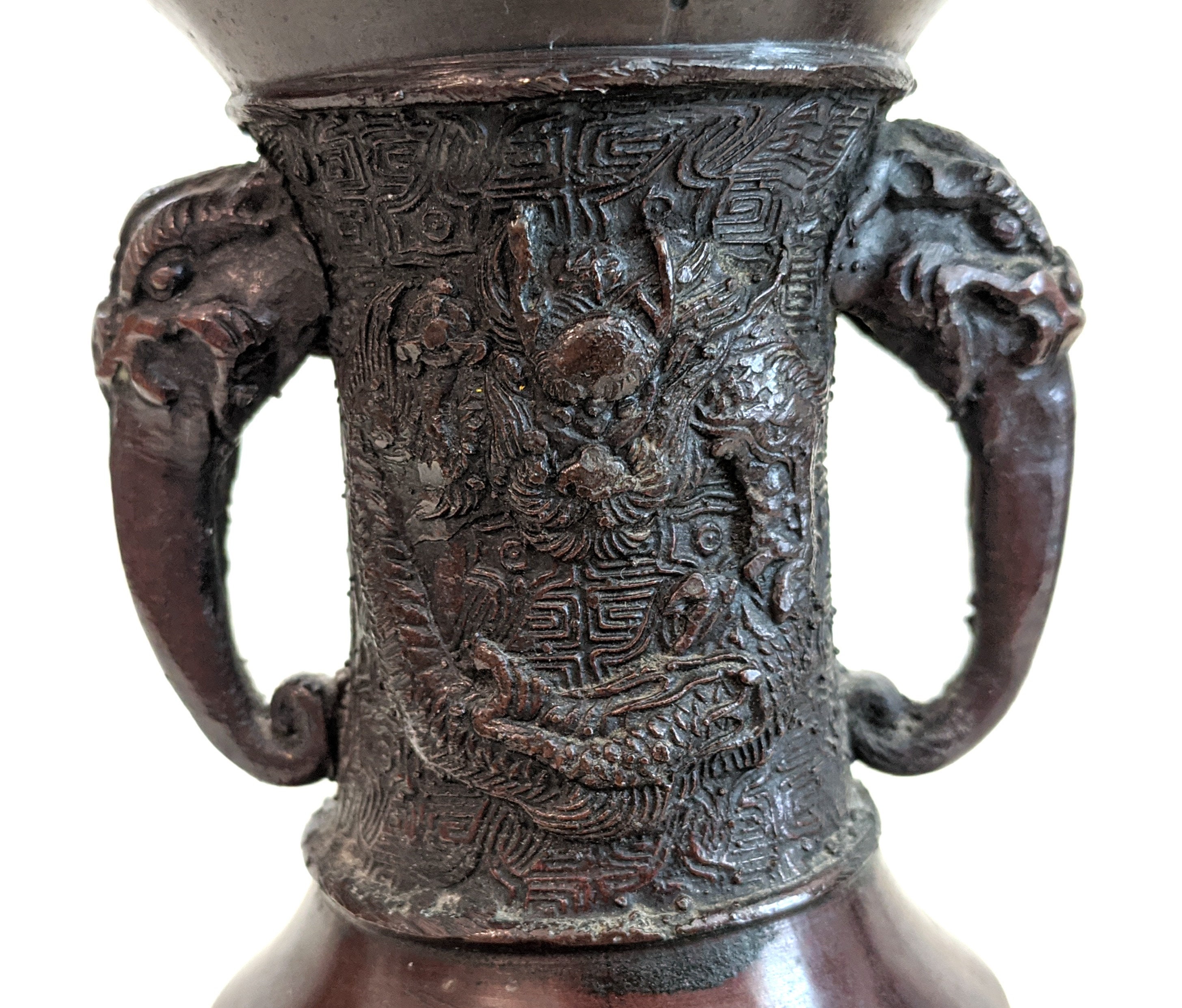 Japanese Patinated Bronze Vases: Elephant Handles, Dragons, Birds