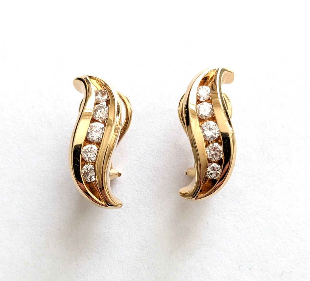 Pair 14k Yellow Gold 'S' Shaped Earrings With Channel Set Diamonds, 1