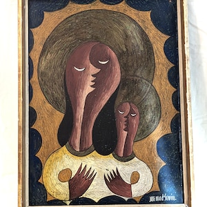 José María de Servín "Virgen con el Niño cubista", óleo sobre tabla, enmarcado, 25 3/4 x 19 1/2 pulgadas