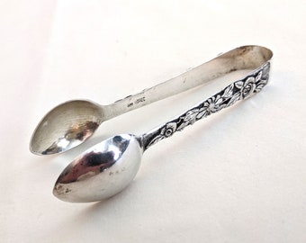 Chinese export .900 silver hand chased small serving tongs, floral motif