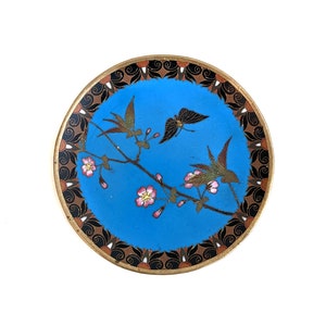 Japanese cloisonne enamel, small display plate; butterflies and cherry blossom on blue ground; 6 1/8 inches wide