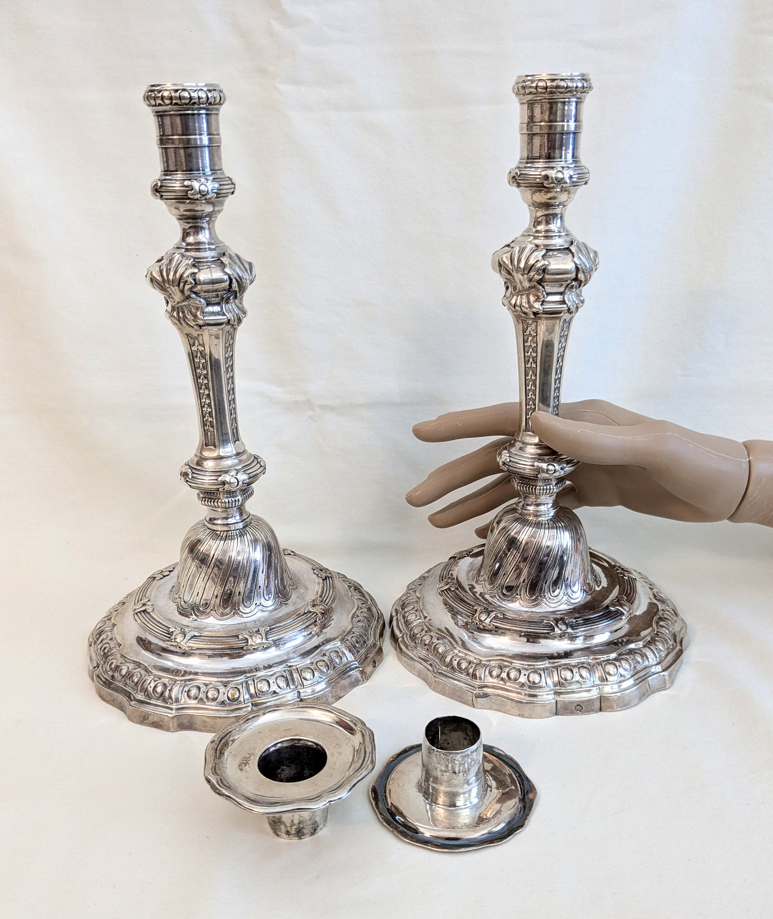Antique French Louis XV Silver Candlesticks With Bobeches (42.8