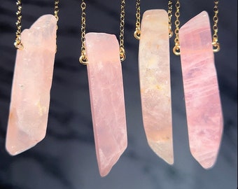 Raw Rose Quartz Healing Crystal Bar Necklace, 14k Rose Gold Filled Chain, Sterling Silver Crystal, 14k Gold Filled Crystal Necklace