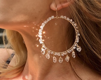 Sparkly Crystal Hoops, Herkimer Diamond Hoop Earrings, Bridal Crystal Hoops, Big Sparkly Hoop Earrings, Herkimer Diamond Statement Earrings
